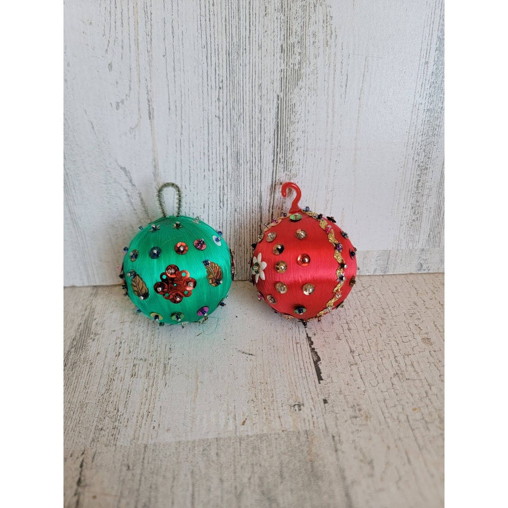 Vintage mini satin green red set sequin flower ornament Xmas unique set home